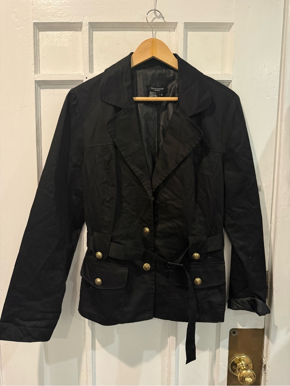 Sandro Black Military-Style Belted Blazer with Gold Buttons